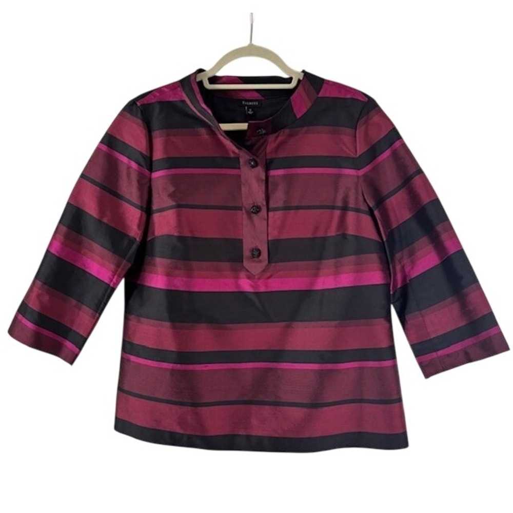 Talbots 100% Silk Striped Blouse Burgundy Magenta Black Size 10 NWT‎ CN1304
